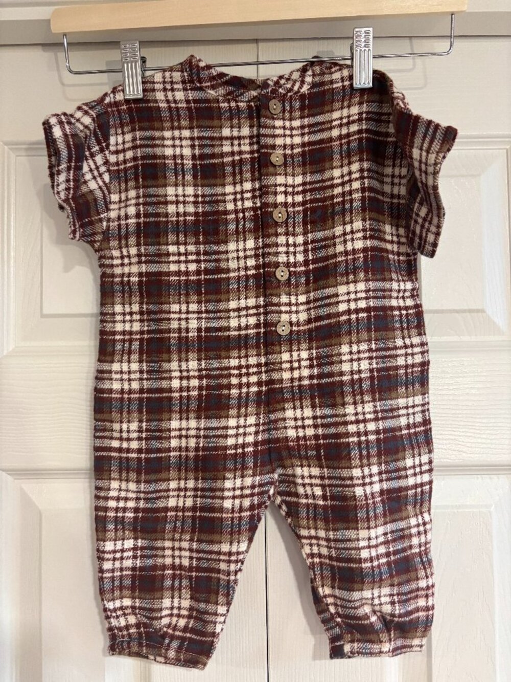 Rylee & Cru Hayes Jumpsuit Burgundy Plaid Flannel Short Sleeve 3-6m NWT